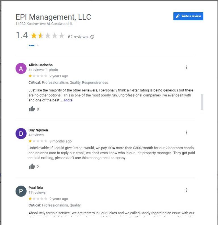 The poor Google reviews of EPIC Management from other managed complexes underscore the ongoing concerns about their management practices at Ballard Point Condos.